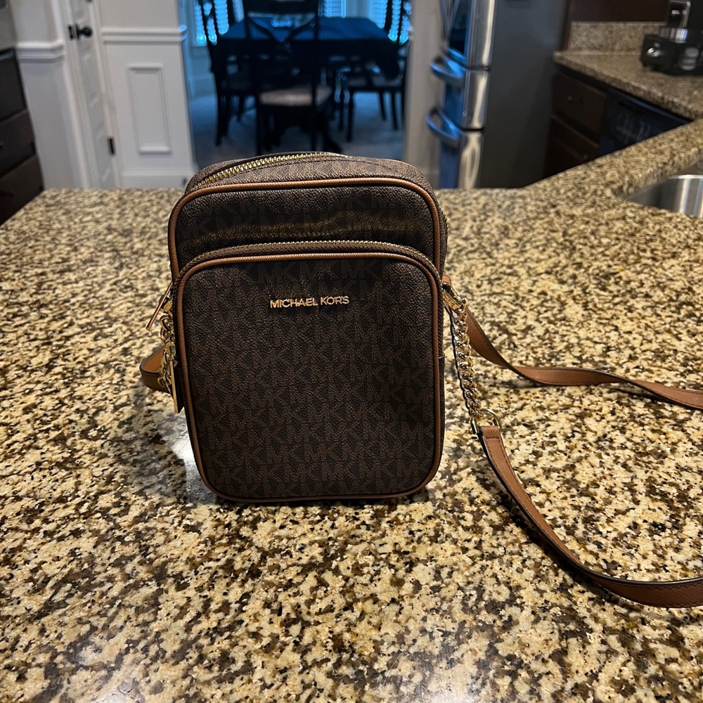 Michael Kors Brown Monogram Crossbody Bag with Gold Hardware